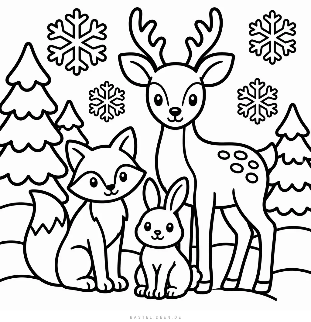 Fuchs, Hase und Reh im verschneiten Wald unter Schneeflocken