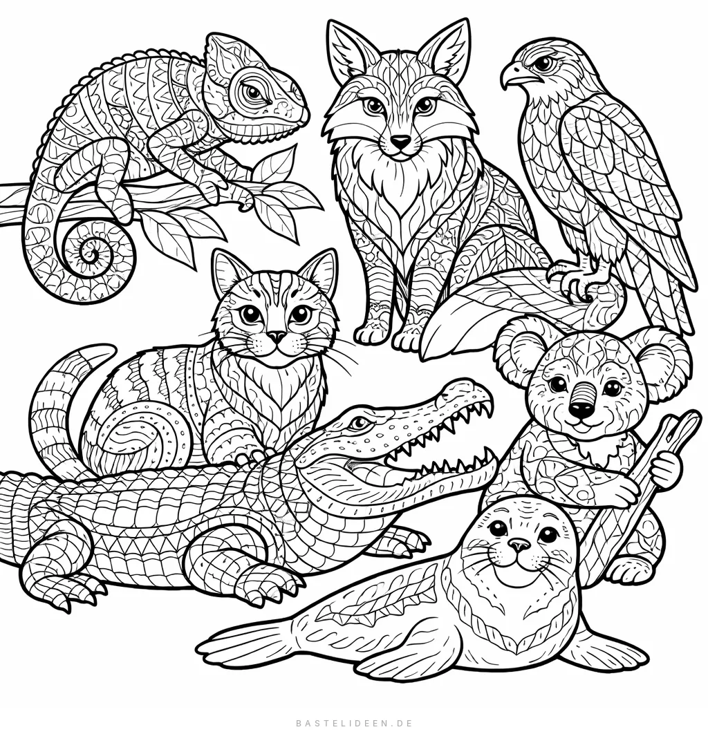 Mandala-Motiv mit Chamäleon, Wolf, Falke, Katze, Krokodil, Koala und Seehund