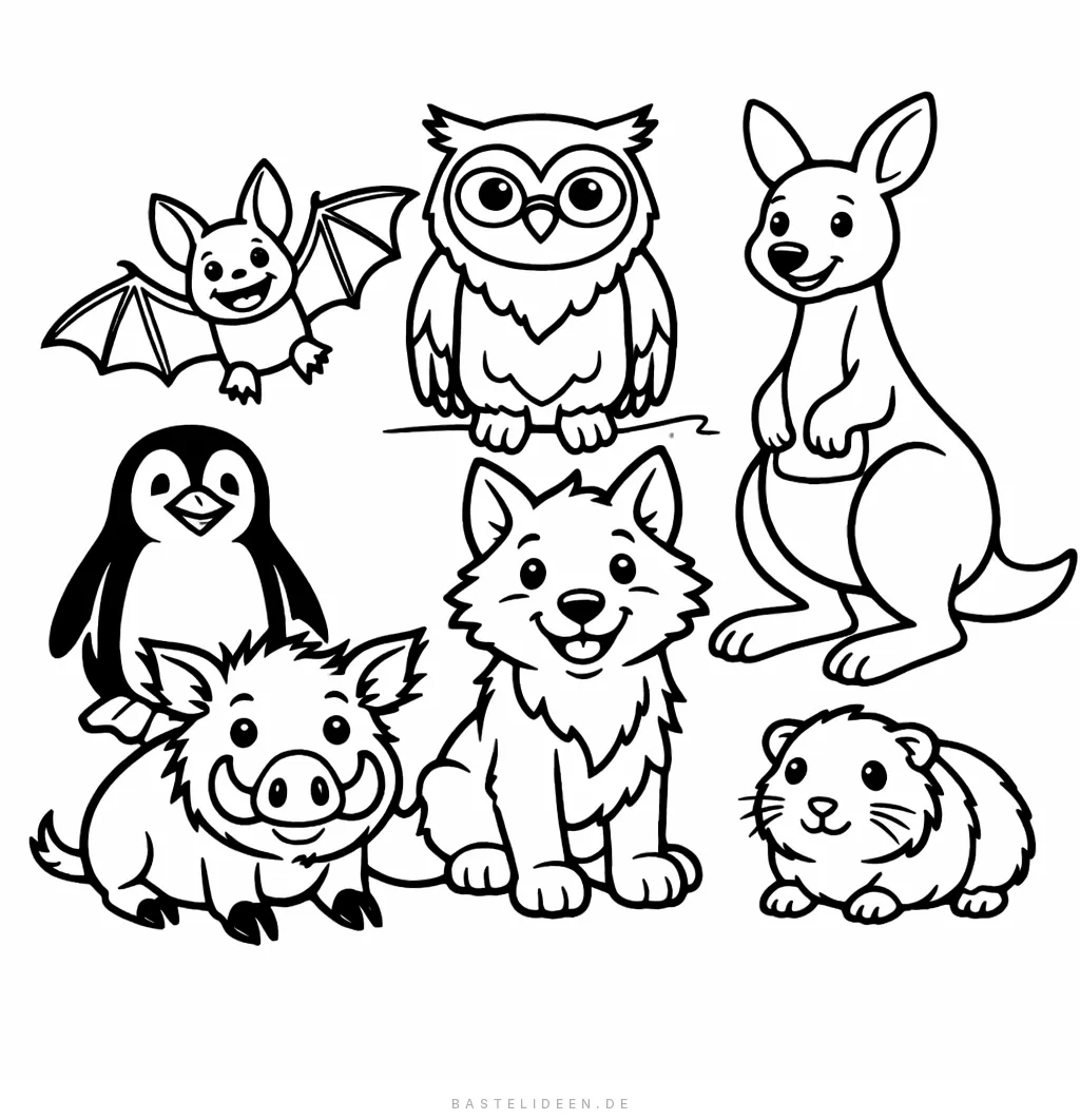 Sieben niedliche Tiere - Fledermaus, Eule, Känguru, Pinguin, Wildschwein, Wolf und Meerschweinchen