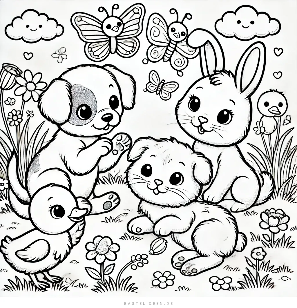 Welpe, Kätzchen, Hase und Entenküken im sonnigen Garten