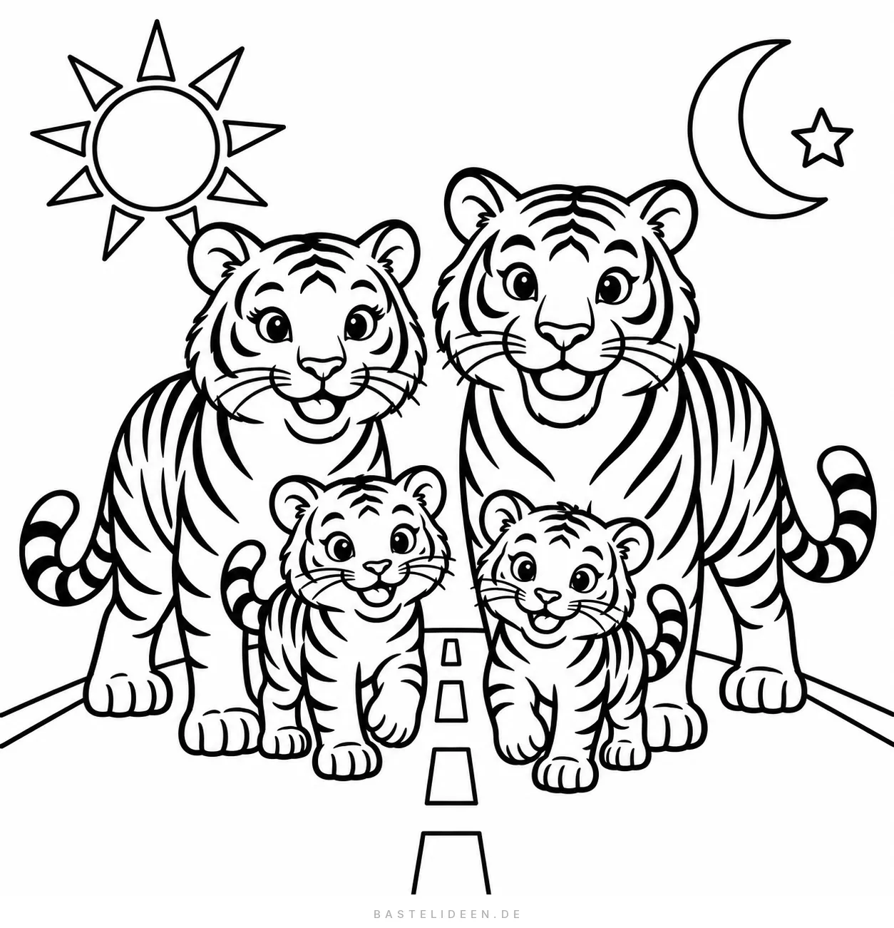 Tigerfamilie mit zwei Jungen auf einer Straße unter Sonne und Mond