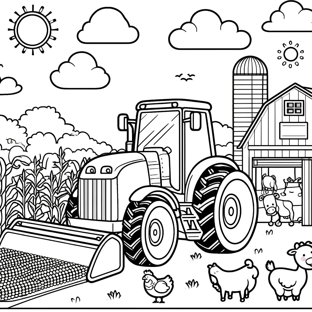 Traktor mit Schaufel neben Maisfeld und Scheune