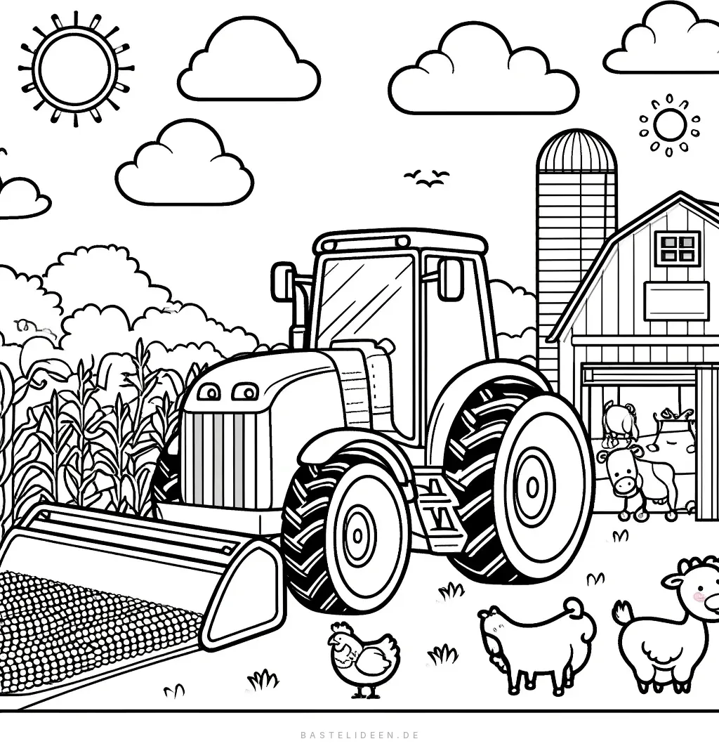 Traktor mit Schaufel neben Maisfeld und Scheune