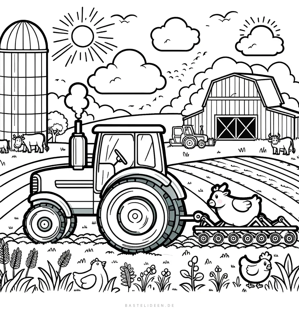 Traktor beim Pflügen mit Scheune und Silo