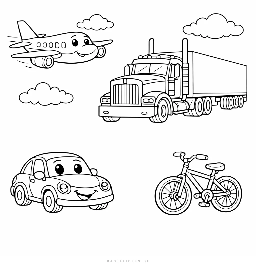 Fröhliches Flugzeug, großer LKW, lächelndes Auto und Fahrrad