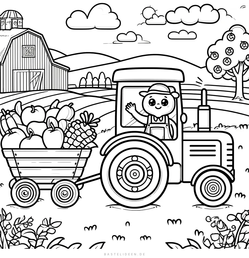Kleiner Traktor mit Wagen voller Obst und Gemüse und fröhlichem Bauern