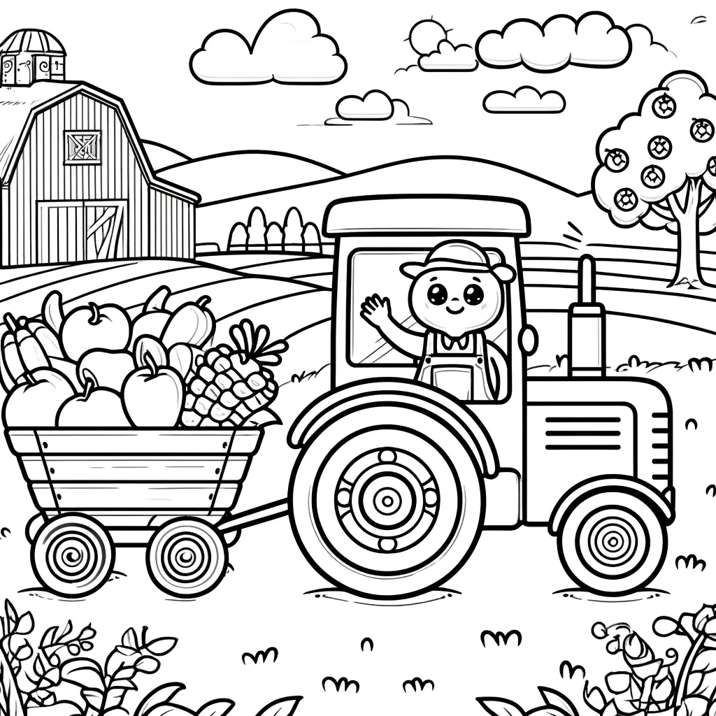 Kleiner Traktor mit Wagen voller Obst und Gemüse und fröhlichem Bauern