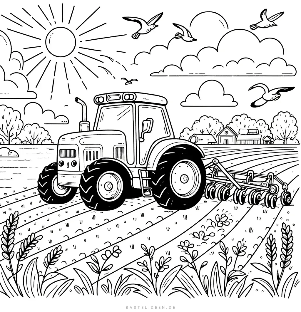 Traktor beim Pflügen eines Feldes unter sonnigem Himmel mit Vögeln