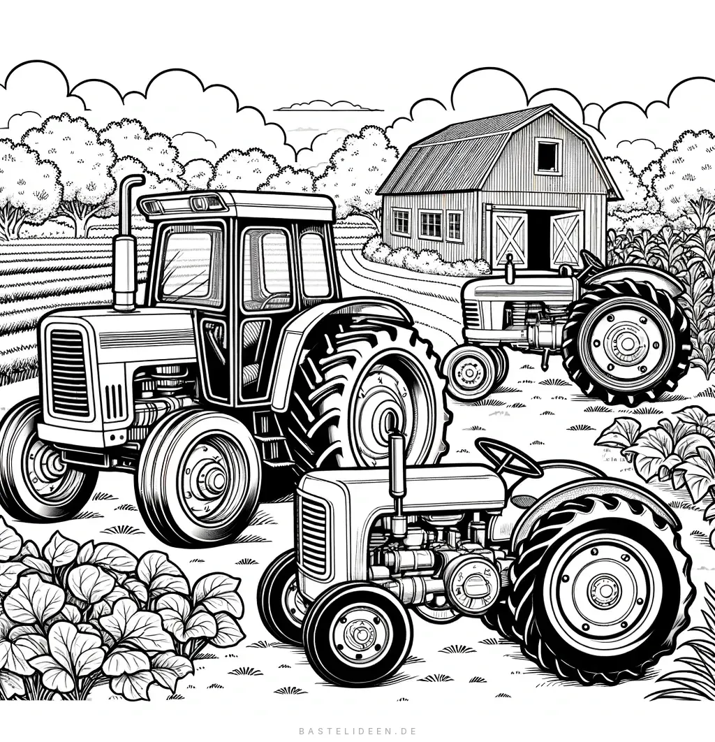 Drei verschiedene Traktoren auf einem Bauernhof mit Scheune und Gemüsegarten
