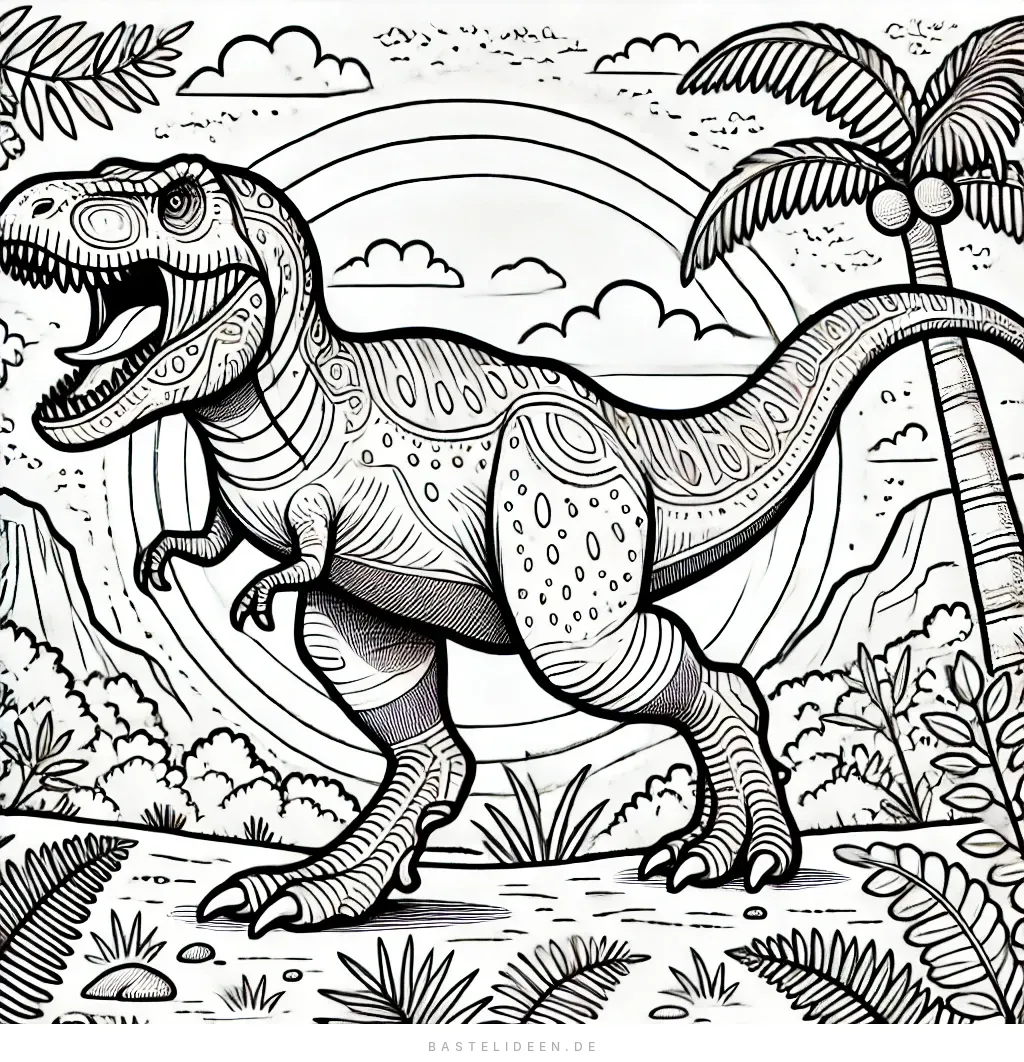 Gemusterter T-Rex im Dschungel mit Palmen und Regenbogen