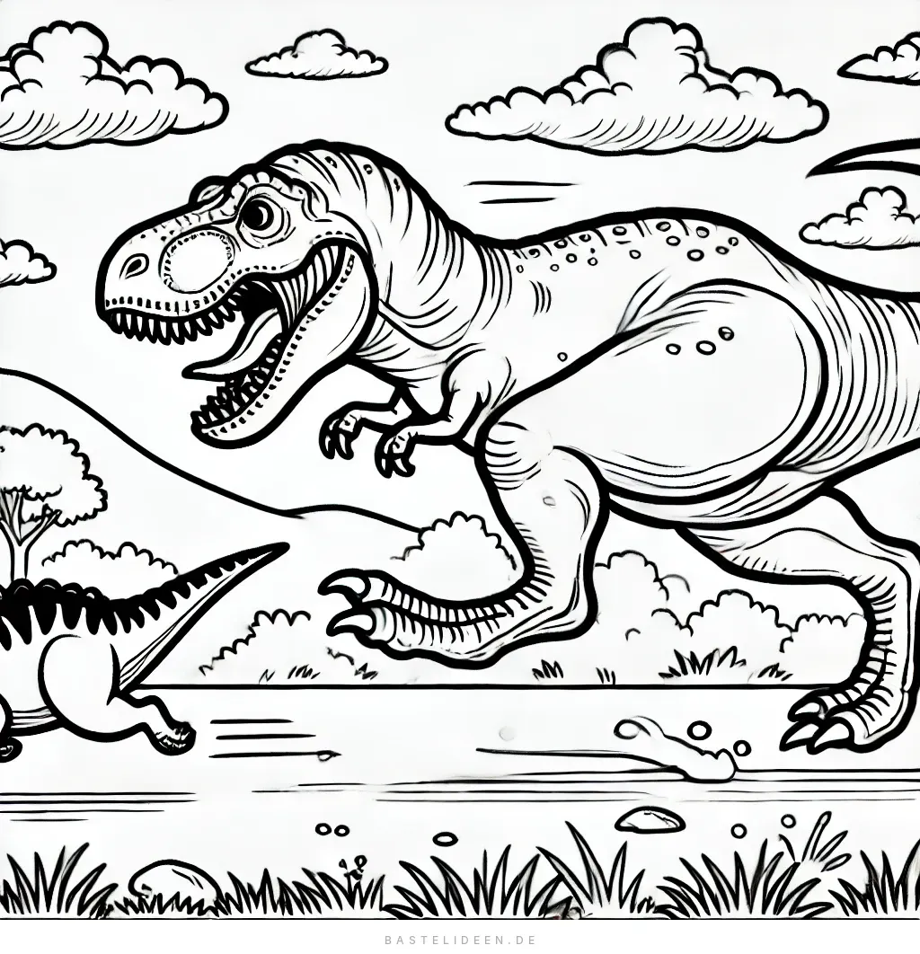 Rennender T-Rex auf der Jagd mit Wolken im Himmel