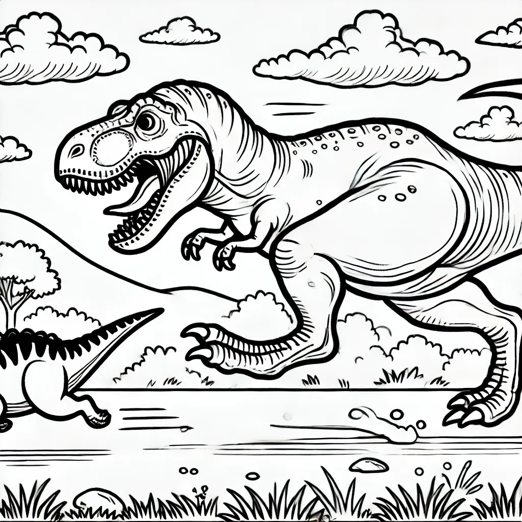 Rennender T-Rex auf der Jagd mit Wolken im Himmel
