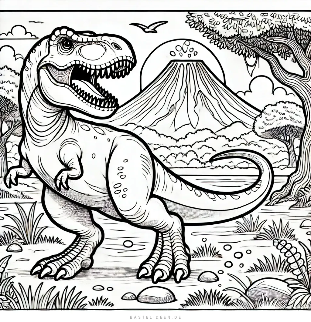 T-Rex steht vor einem Vulkan mit Palmen und Wolken