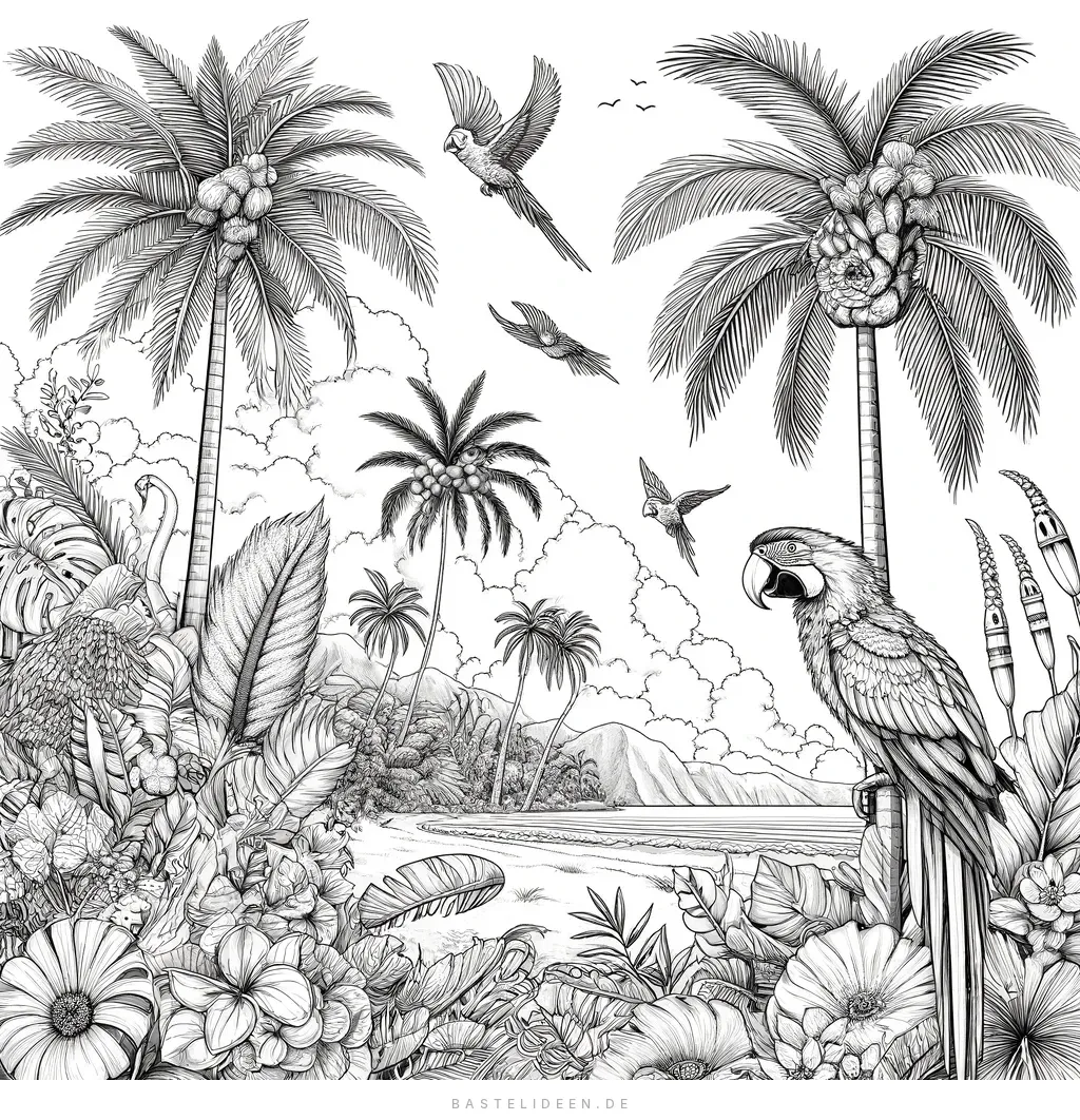 Tropische Szene mit Palmen und fliegenden Papageien