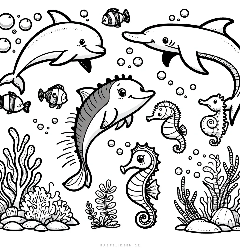 Delfine, Fische und Seepferdchen zwischen Korallen