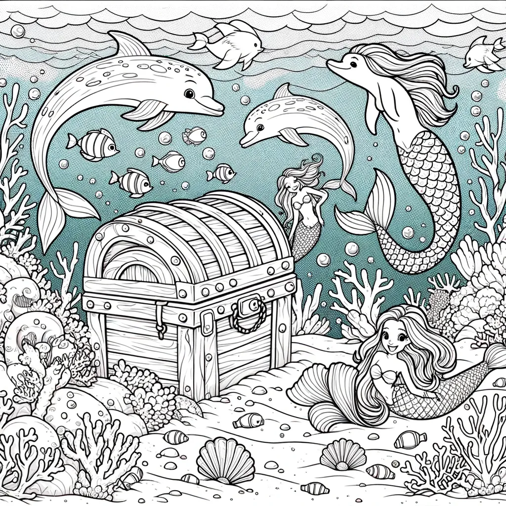 Unterwasserwelt mit Delfinen und Meerjungfrauen