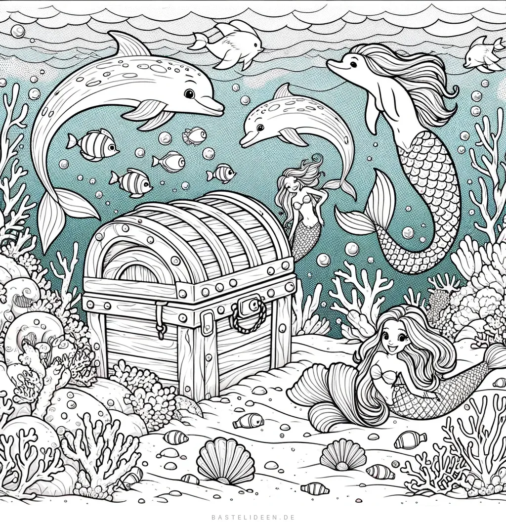 Unterwasserwelt mit Delfinen und Meerjungfrauen