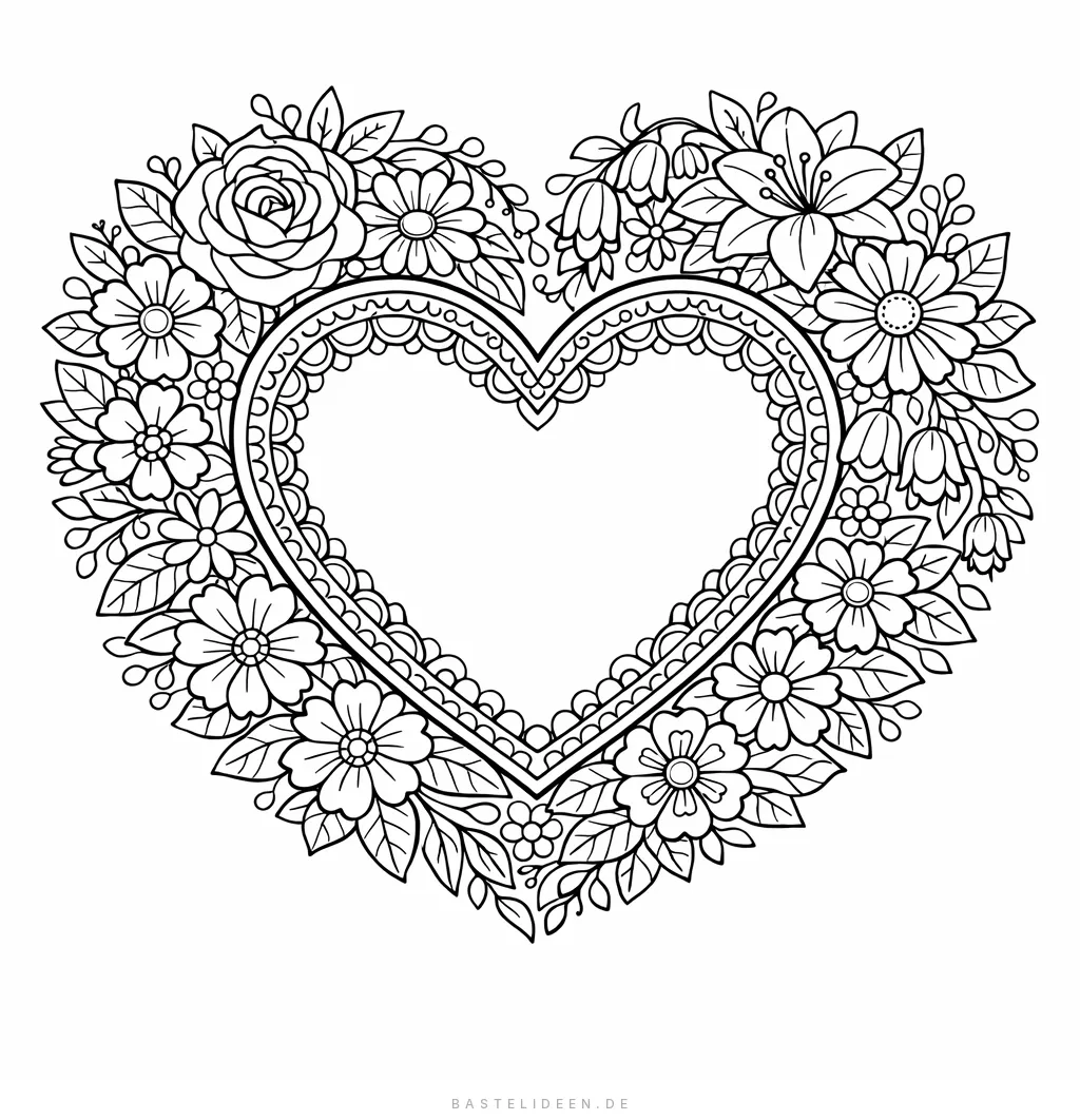 Herz umgeben von detailliertem Blumenkranz mit Rosen und Blüten