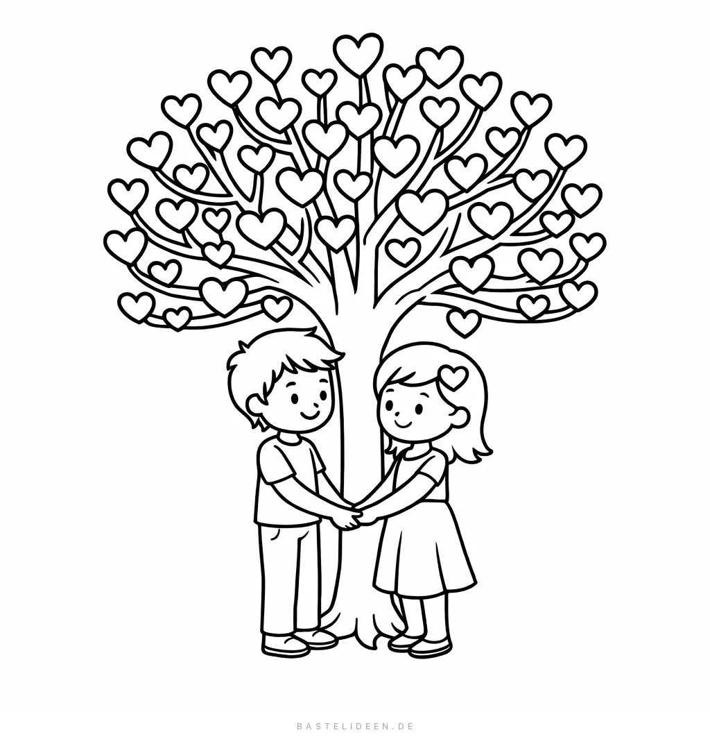 Junge und Mädchen halten Händchen unter einem Baum mit Herzblättern