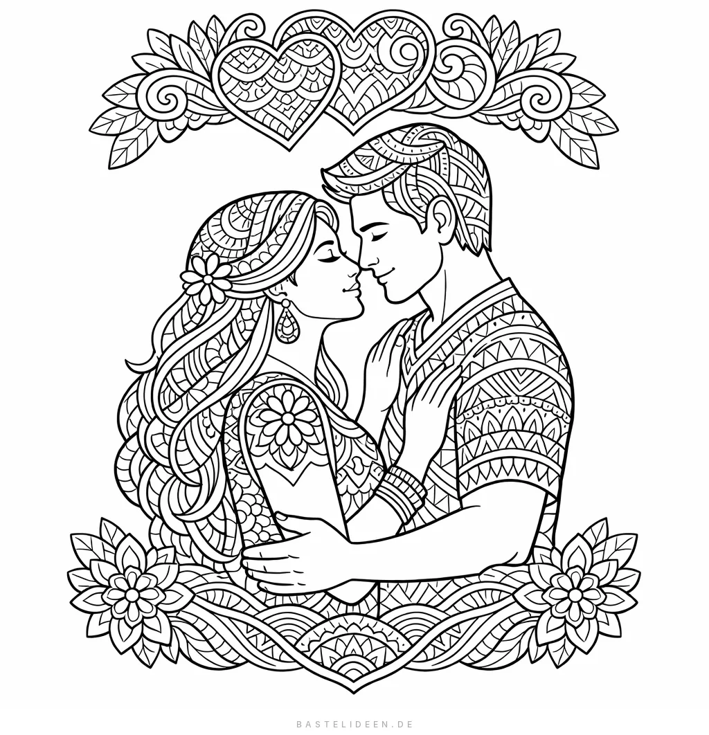 Romantisches Paar in inniger Umarmung mit Zentangle-Mustern