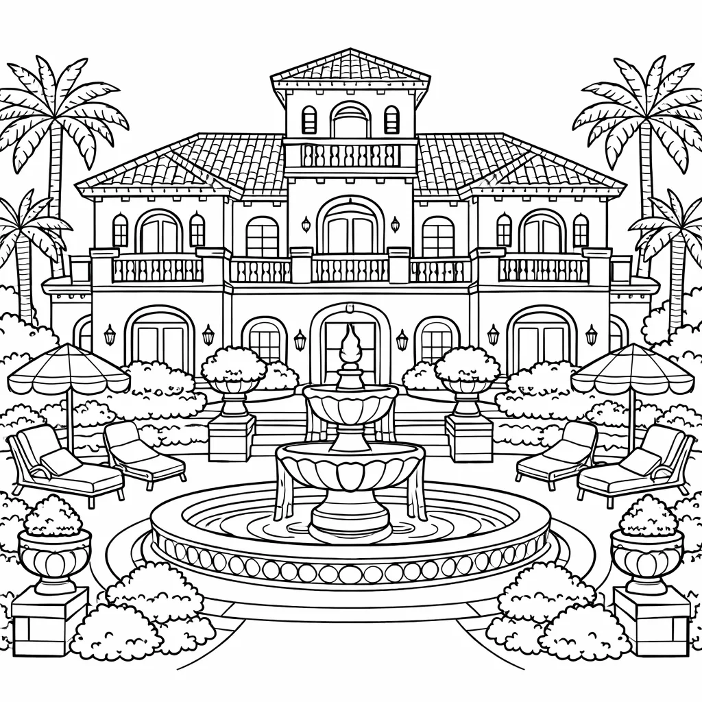 Zweistöckige Villa mit Springbrunnen, Palmen und Sonnenschirmen