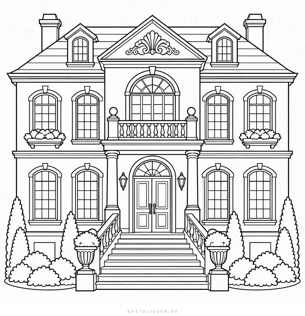 Villa mit Freitreppe, Balkon und vielen Rundbogenfenstern