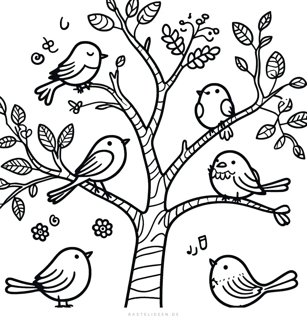 Sechs fröhliche Vögel auf Baumzweigen sitzend und singend