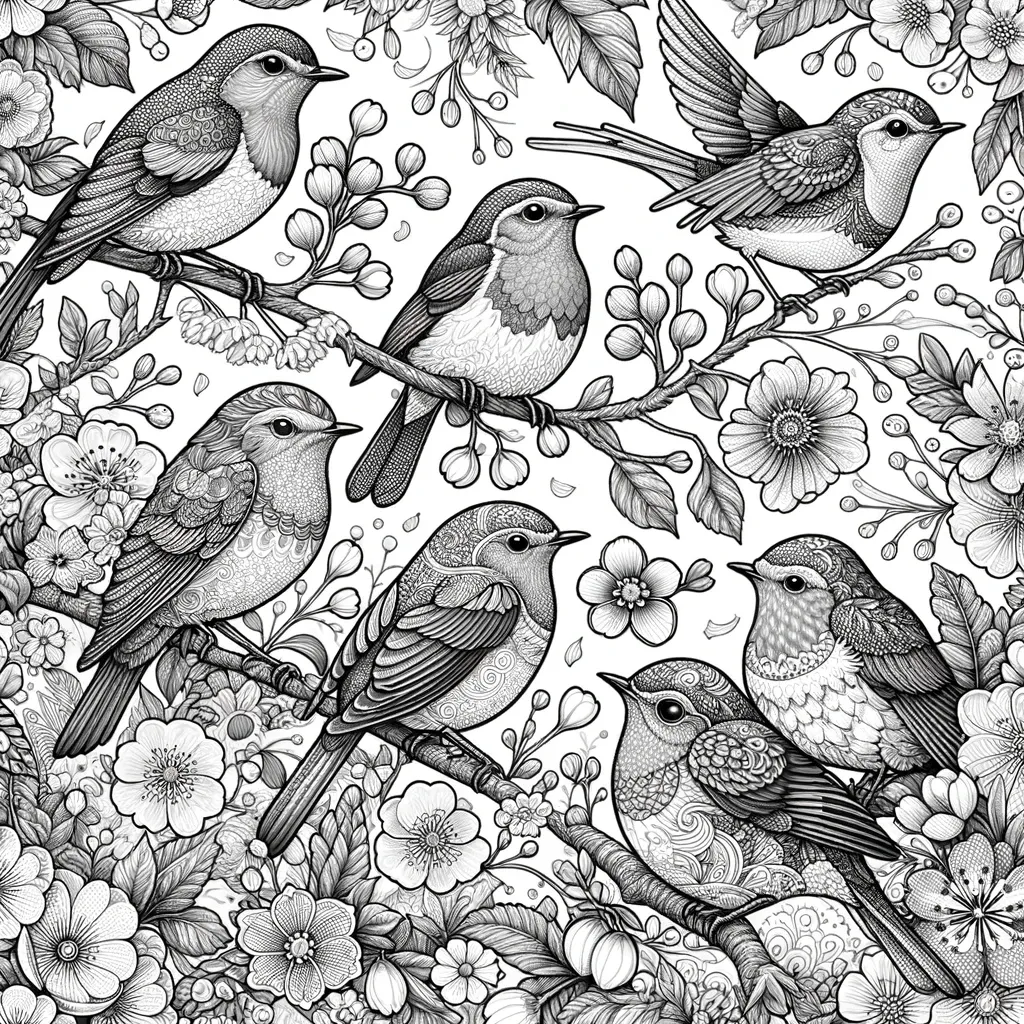 Vögel auf Zweigen mit Frühlingsblumen