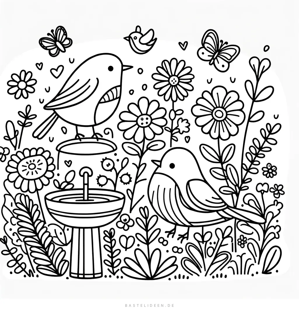 Zwei Vögel am Vogelbad mit Blumen und Schmetterlingen
