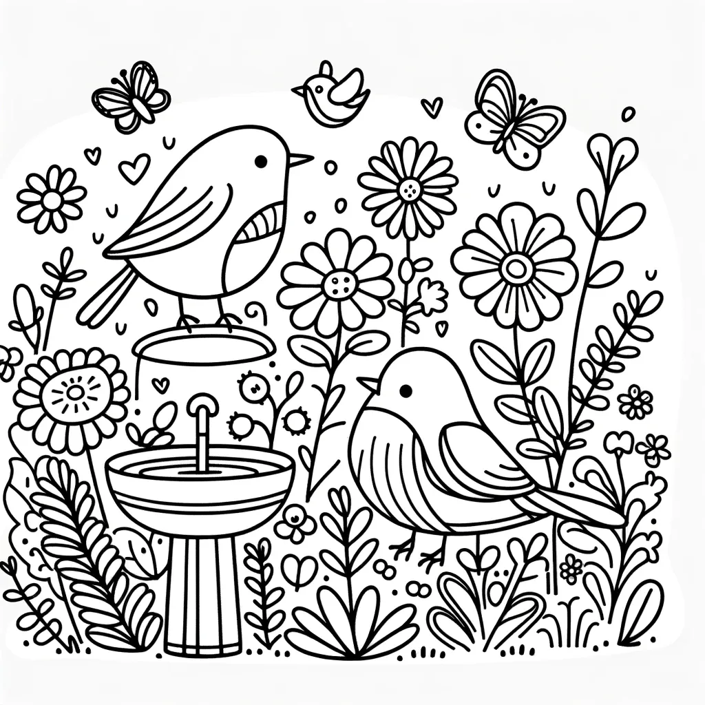 Zwei Vögel am Vogelbad mit Blumen und Schmetterlingen