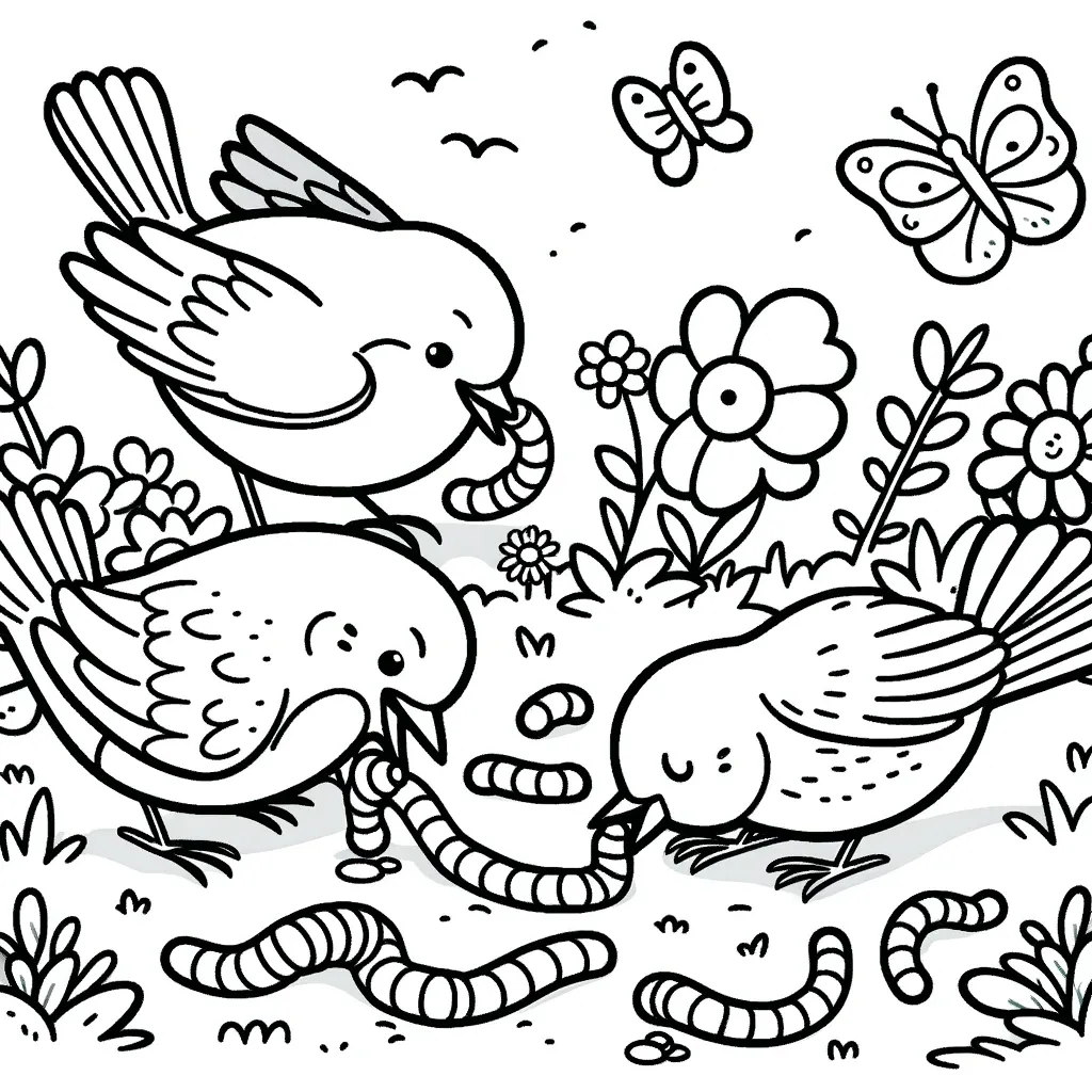 Drei Vögel im Garten beim Würmer suchen mit Schmetterlingen