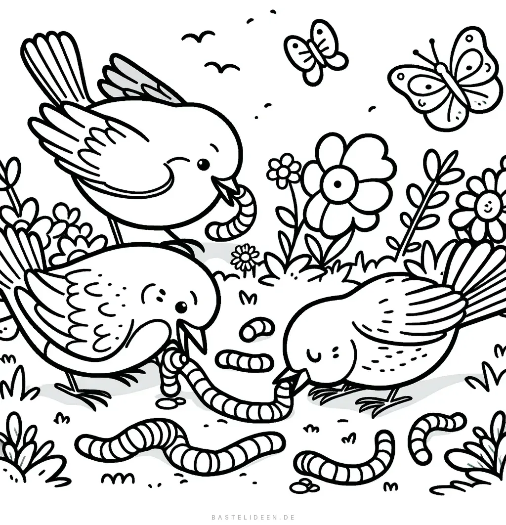 Drei Vögel im Garten beim Würmer suchen mit Schmetterlingen