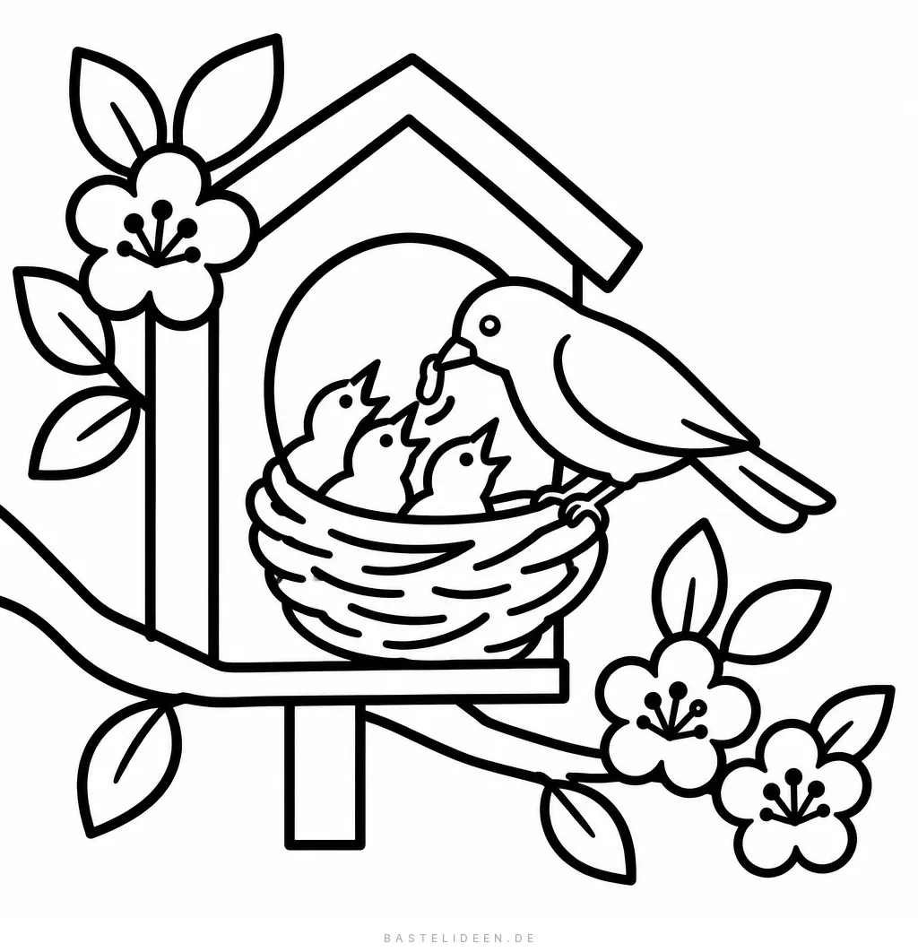 Vogel füttert seine Jungen im Nest eines Vogelhauses am blühenden Ast