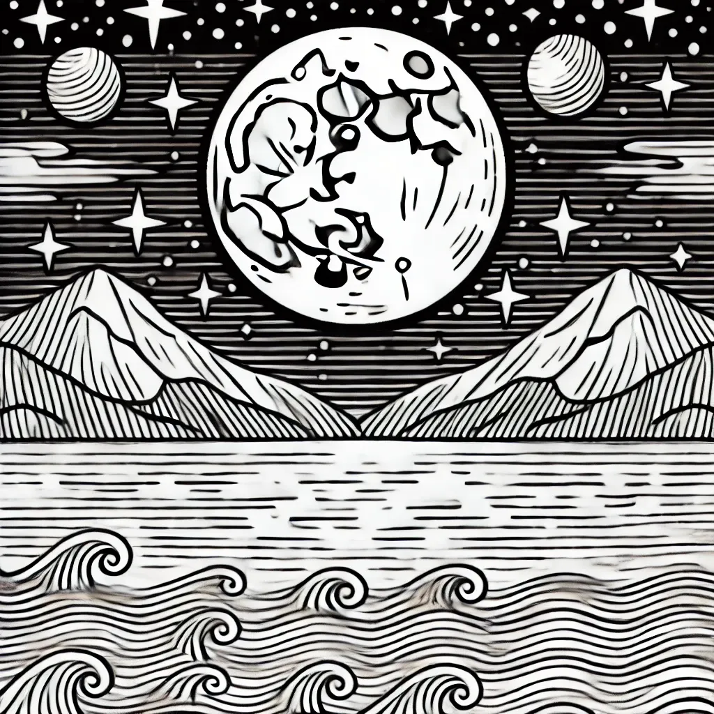 Vollmond über Ozean mit Bergen und Sternenhimmel