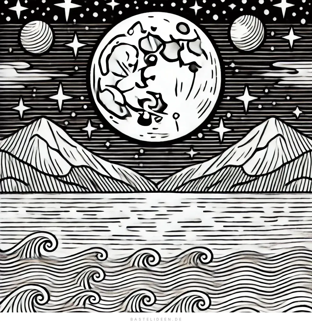 Vollmond über Ozean mit Bergen und Sternenhimmel