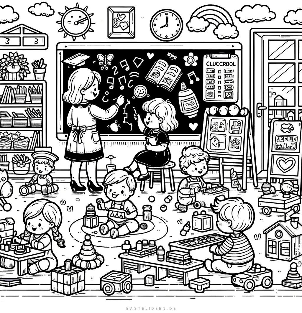 Kinder im Klassenzimmer beim Zeichnen und Bauen