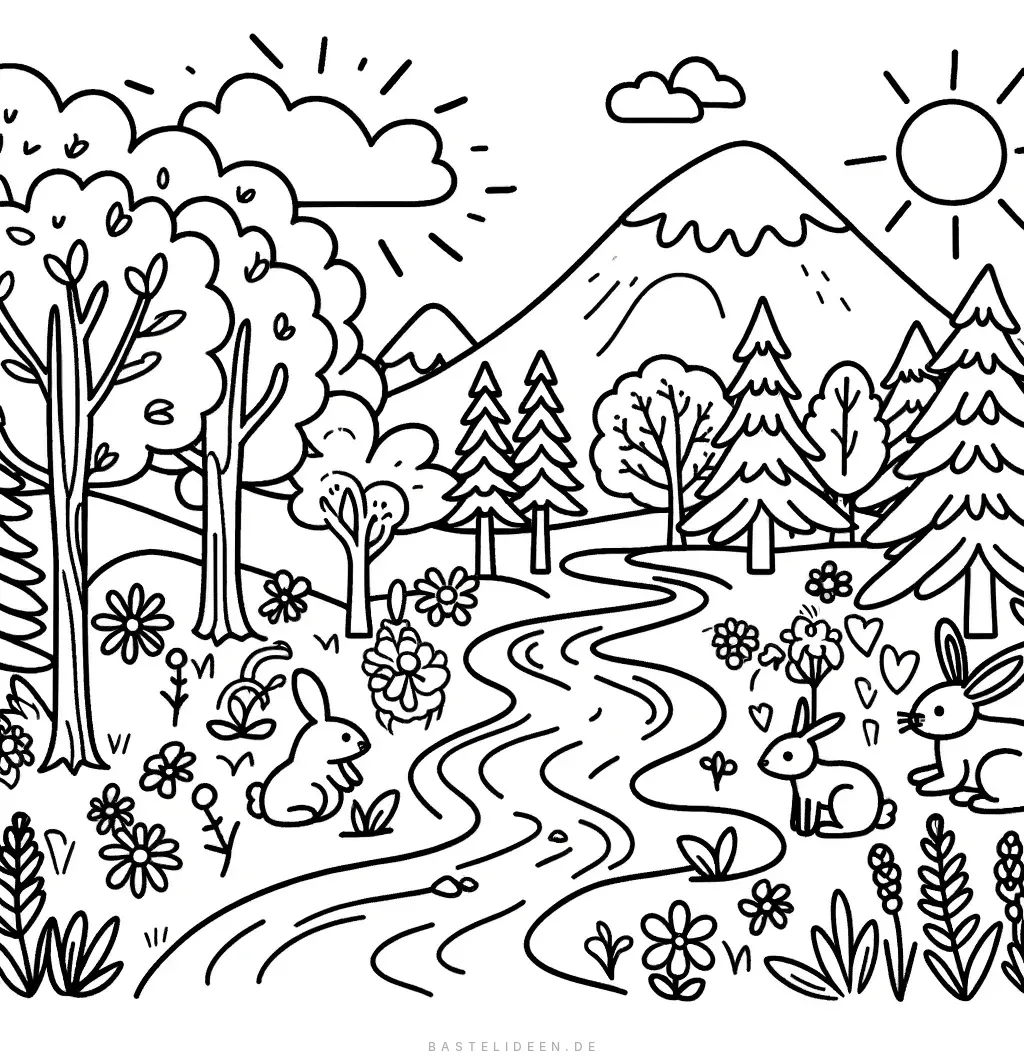 Waldszene mit Fluss, Bäumen und Hasen