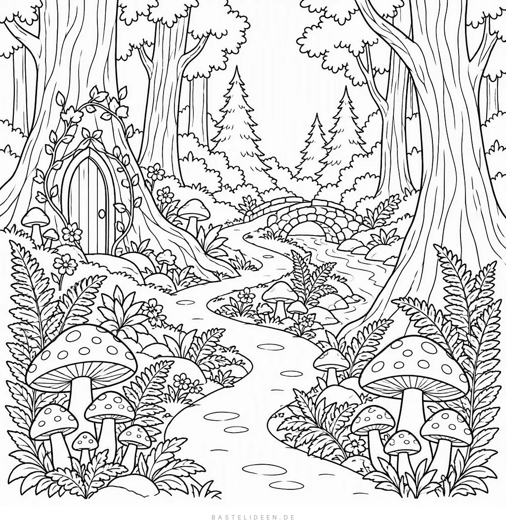 Waldweg zwischen hohen Bäumen, Pilzen und einer Tür im Baumstamm