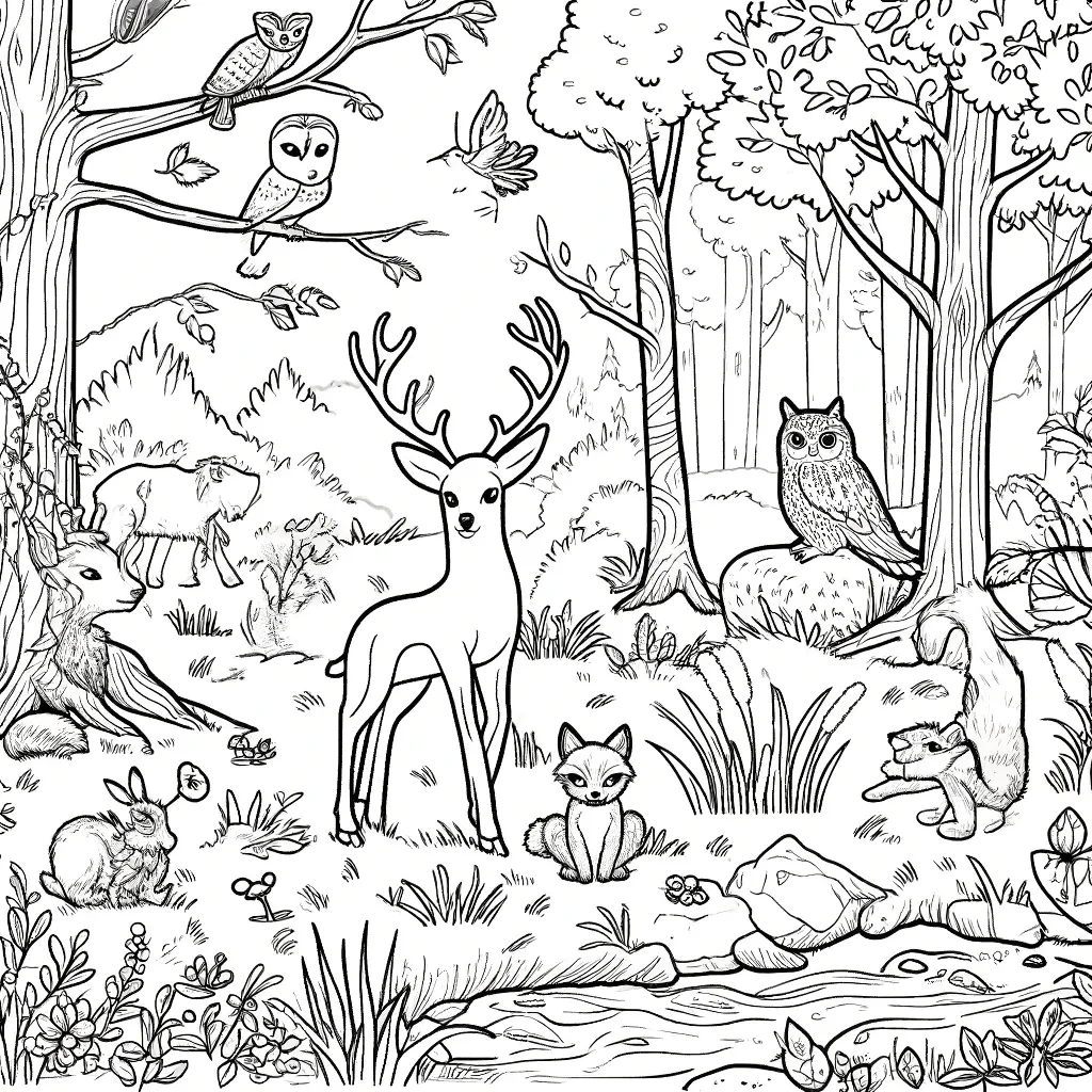 Hirsch, Fuchs, Eule und Hase im friedlichen Wald