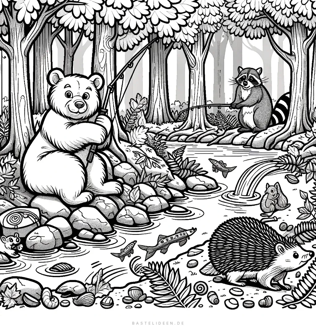 Bär und Waschbär angeln am Fluss mit Igel