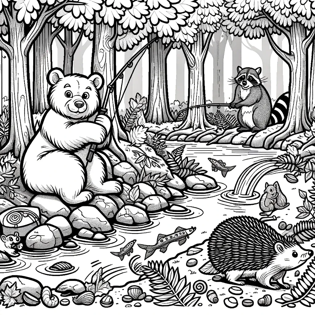 Bär und Waschbär angeln am Fluss mit Igel