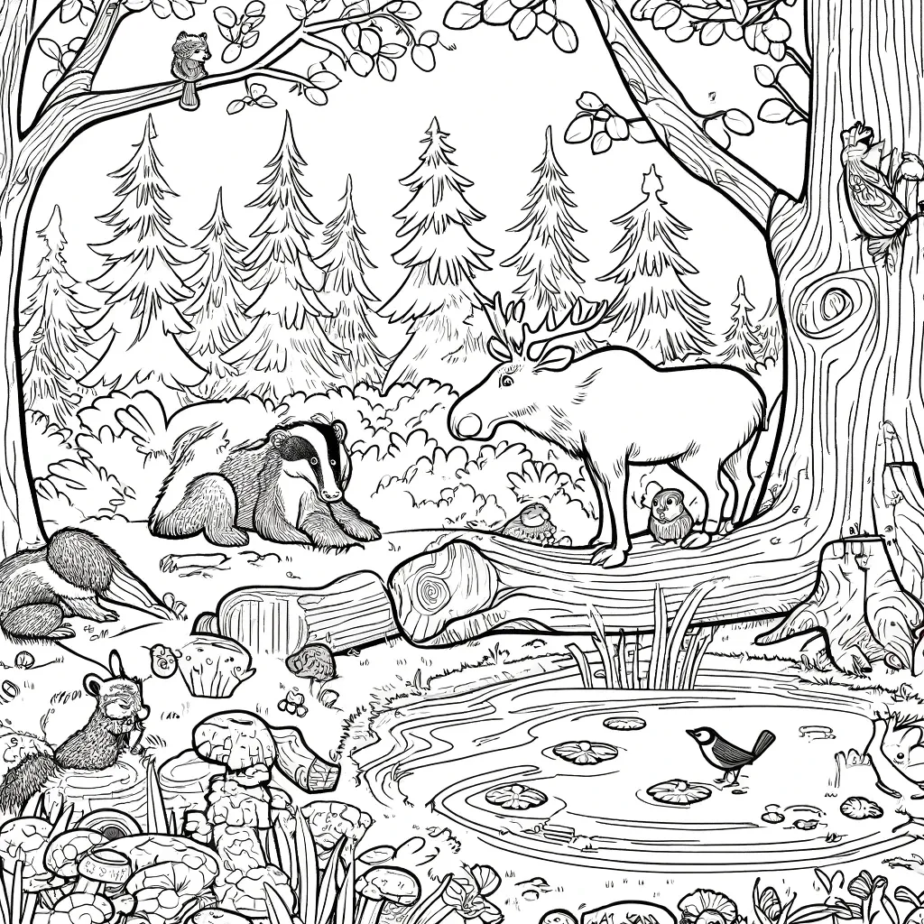 Elch, Dachs, Eule und Eichhörnchen im Waldtreffen