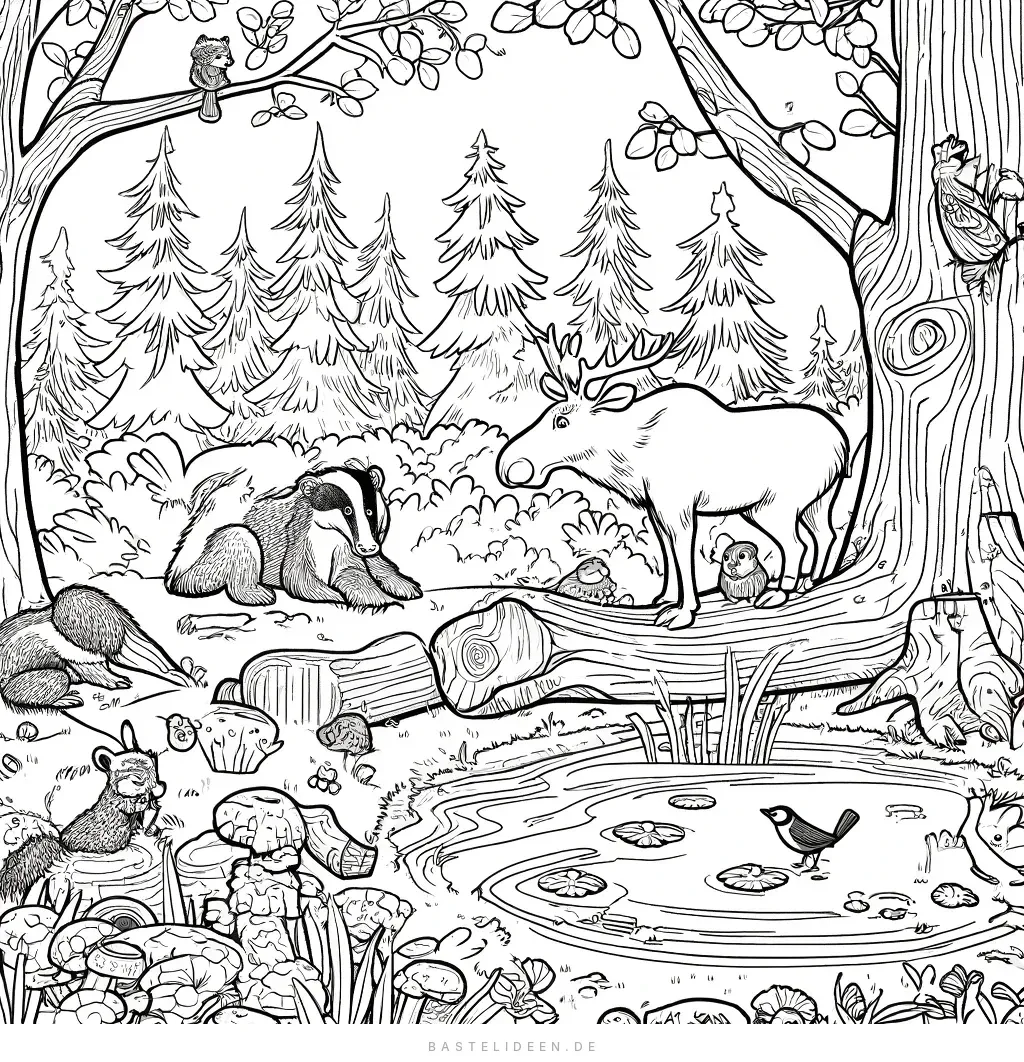 Elch, Dachs, Eule und Eichhörnchen im Waldtreffen