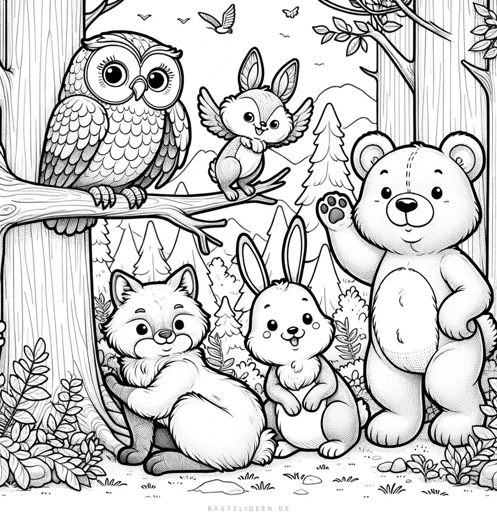 Waldtiere im Wald mit Bär Eule Hase Fuchs und Eichhörnchen