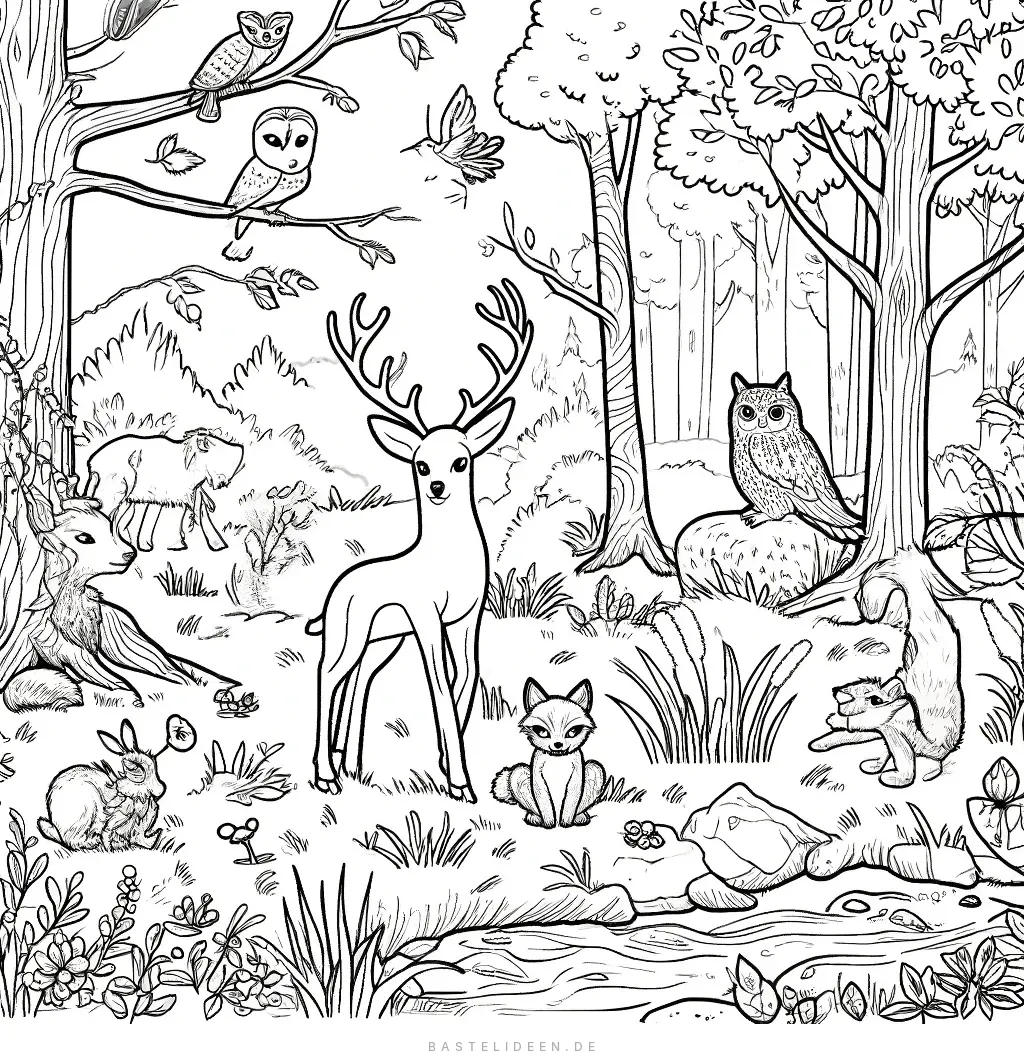 Hirsch, Fuchs, Eule und Hase im friedlichen Wald