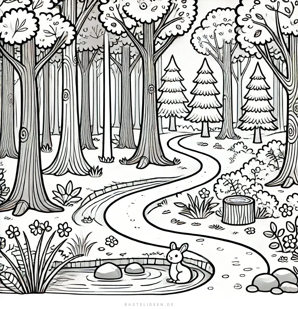 Verwunschener Waldweg mit Bäumen und Häschen am Teich