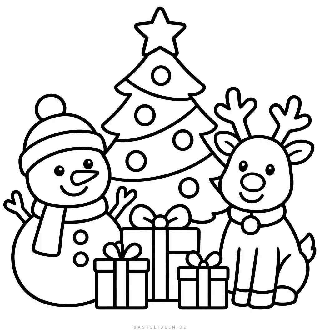Schneemann und Rentier mit Geschenken unterm Baum