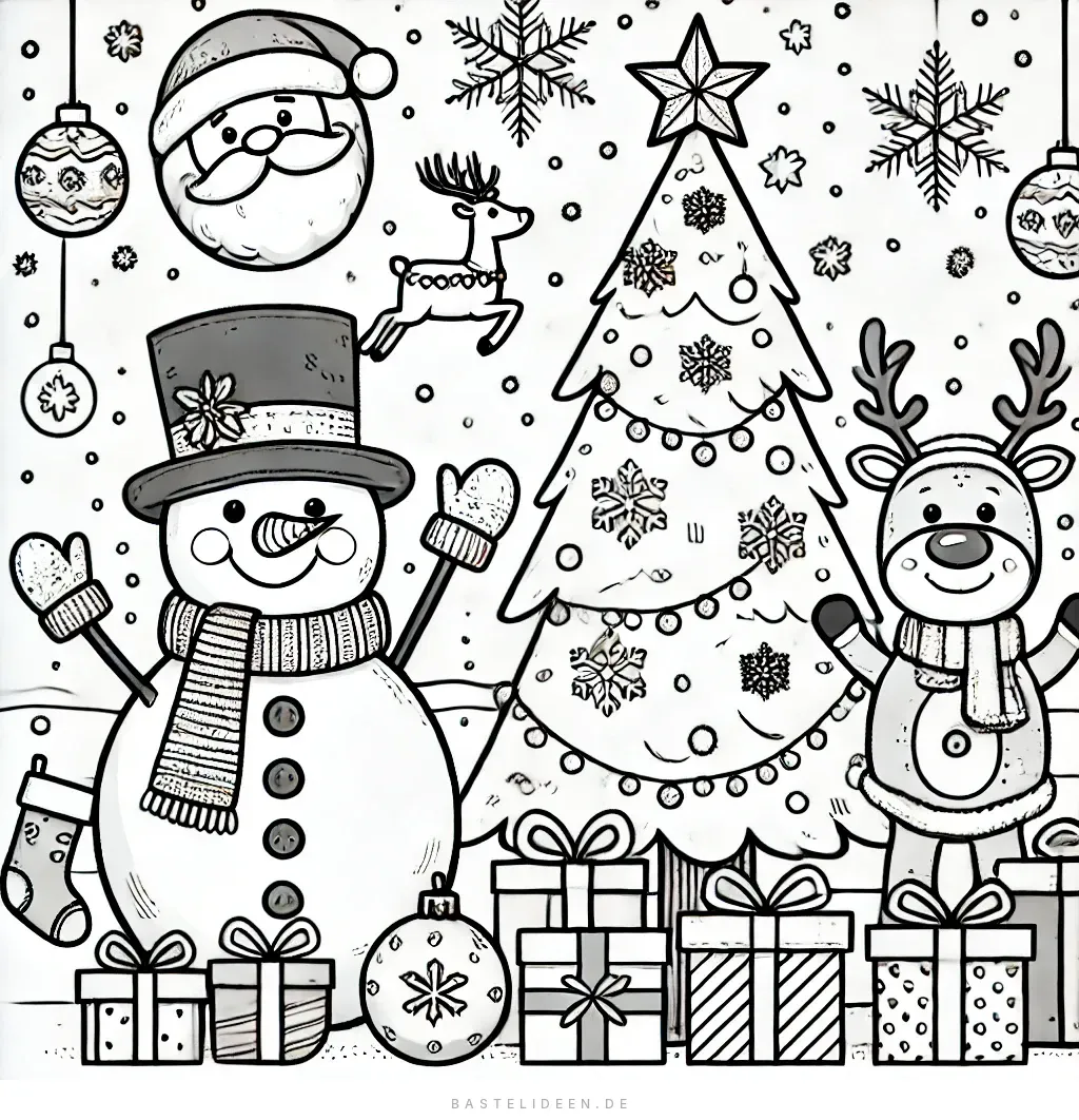 Schneemann und Rentier mit Geschenken unterm Baum