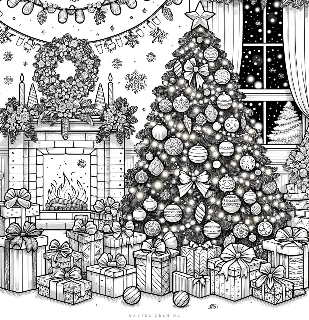 Großer Weihnachtsbaum mit Geschenken und Kamin