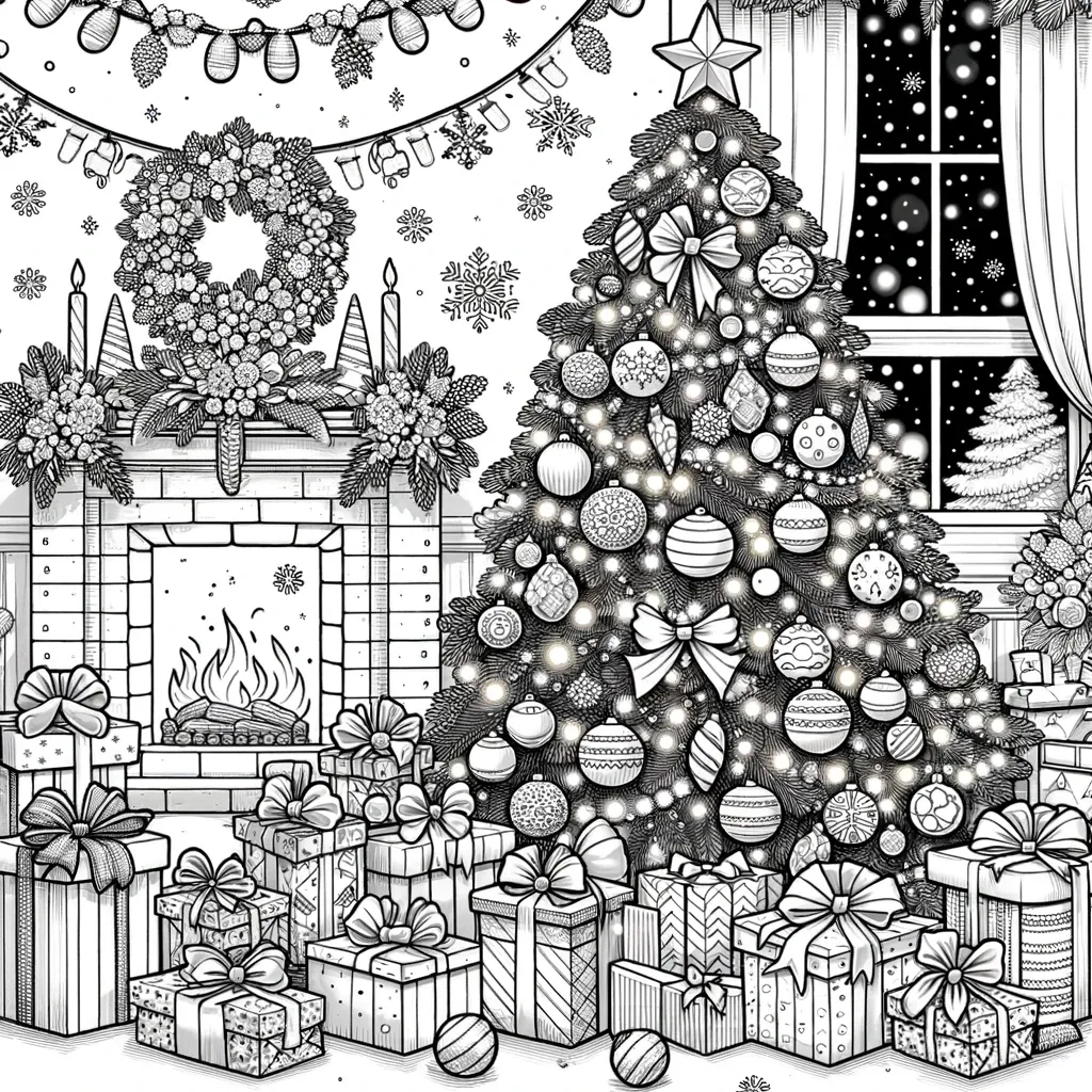 Großer Weihnachtsbaum mit Geschenken und Kamin